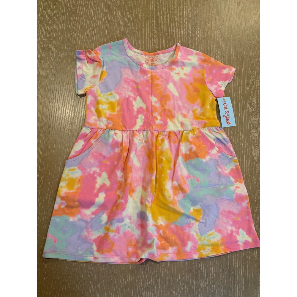 Cat & Jack Girl Tie Dye Dress Pink Orange Purple Short Sleeve Pockets XS 4/5 NWT